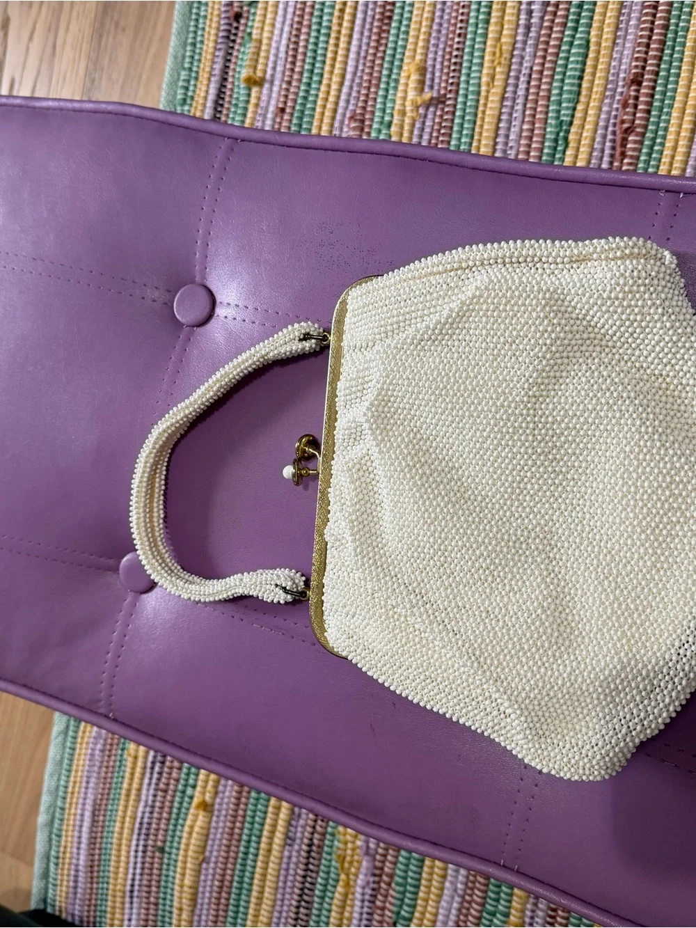 Vintage lumered Pearl petite bead Beaded White Evening Clutch with Gold Frame